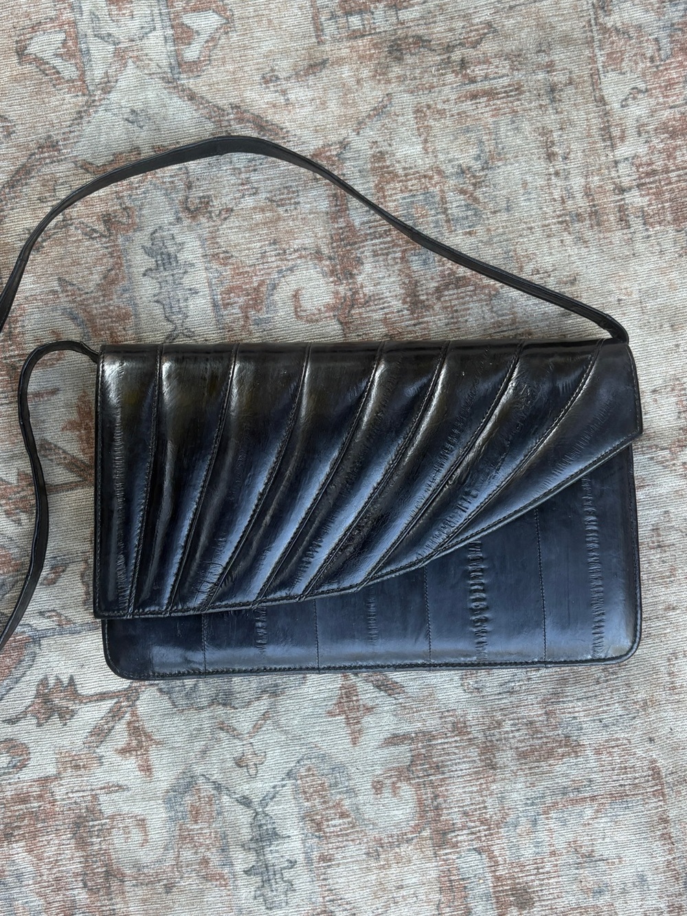 Vintage Black Eel Skin Leather Crossbody Clutch Purse